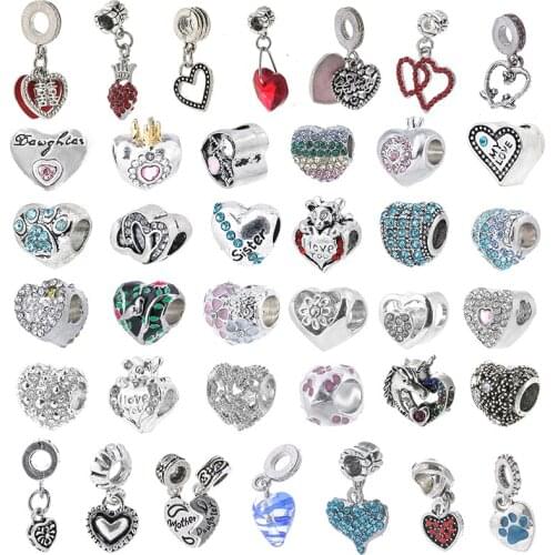 2Pcs/Lot Mother & Daughter Hearts Dangle Charms Pendant DIY Fine Beads Fit Original Brand Charm Bracelet For Women Lover Jewelry
