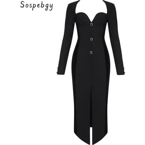 2020 Winter New Womens Fashion Long Sleeve V-neck Sexy High Split Bodycon Bandage Dress Celebrity Runway Party Dresses