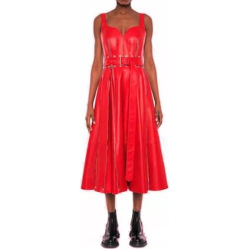 2021 Summer Fashion Designer PU Dress Women Red Black Tuck in belt Spaghetti Strap Backless Elegant Midi Dresses