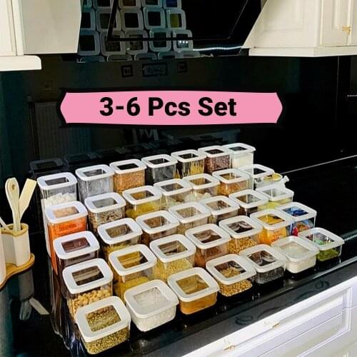 3/6 pcs Square Storage Box Kitchen Regulatory Food Container Set Vacuum Transparent Airtight Food Rice Pasta Tea Candy Coffee