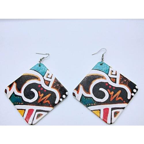 5cm Flat Ancient African Wooden Drop Earrings Afrocentric Ethnic Tribal Bohemian Printed Wood Jewelry for Black Women
