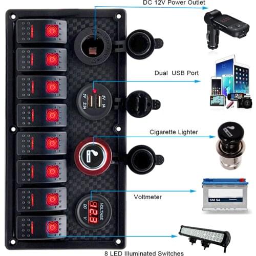 8 Gang Rocker Switch Panel Circuit Breaker Overload Protected Voltmeter 12V 24V DC USB Charger Port RV Car Boat Marine Blue LED