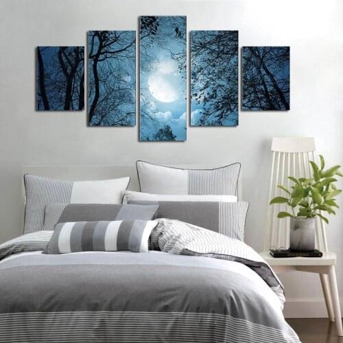 No Framed 5 Pieces Modern Moonscape Canvas Painting Prints Wall Decorative Posters Forest Night View Pictures Home Decor Artwork