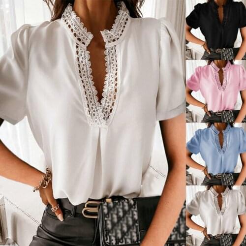 Summer Women Blouses White Lace Stitching Short-sleeve Shirt Casual Top Femme Clothing Beautiful Blouses And Shirts New 2021