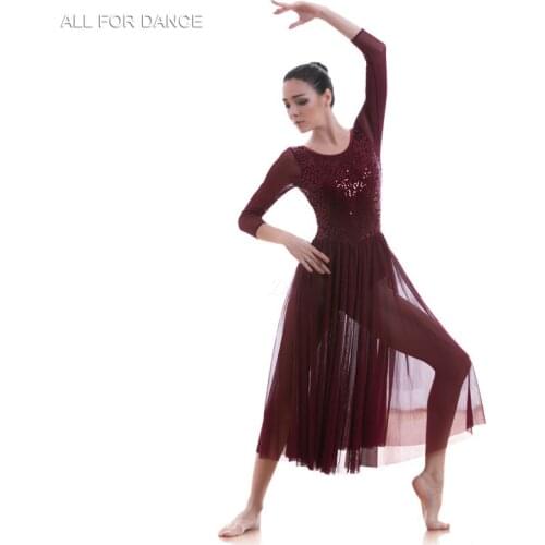 A18704 Burgundy Sequin Lace Bodice Dance Costume Ballet Dress Girl & Women Dance Costume Ballet Dress Lyrical Dance Dress