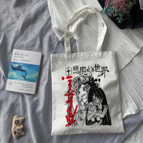 Harajuku Punk Maiden Printed Black Canvas Bag Shoulder Bag Gothic Style Anime Shopper Large Capacity Vintage Womens Bag Handbag