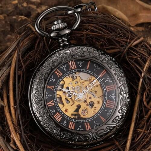 Black White Steampunk Hand Wind Vintage Mechanical Pocket Watch Skeleton Hands Fob Men Watch With Chain Roman Numberals Gift