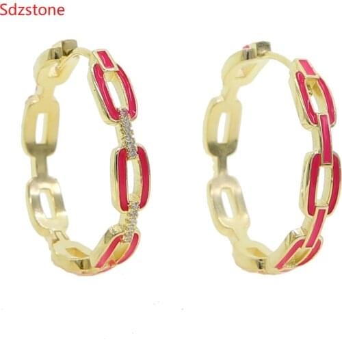 INS Enamel Gold Color Cuban Chain Hoop Huggies Earrings Circle Round Shape Pink Green Blue Earrings Women Girls Metal Jewelry