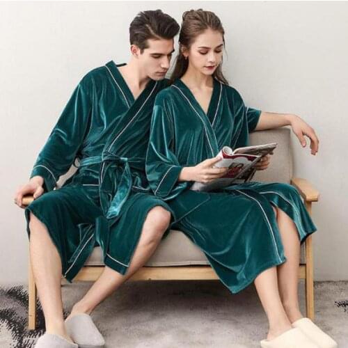 Exquisite Velvet Lovers Robe Kimono Gown Winter Keep Warm Sleepwear Nightwear Casual Bathrobe Gown Elegant Women Solid Homewear