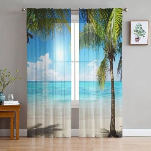 Coconut Tree Beach Sea Sky Clouds Tulle Sheer Window Curtains for Living Room Kitchen Children Bedroom Voile Hanging Curtain