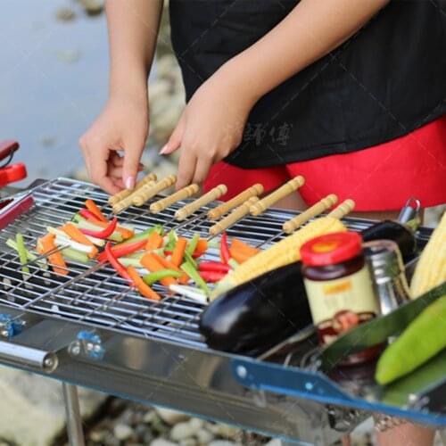 12pcs/set Reusable Stainless Steel Barbecue Skewers Wooden Handle Bbq Needle Stick for Outdoor Camping Picnic Cooking Tools