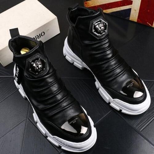 New Men Fashion Casual Ankle Boots Spring Autumn Flock Leather Metal Decoration Riding Boots High Top Hip Hop Shoes b94