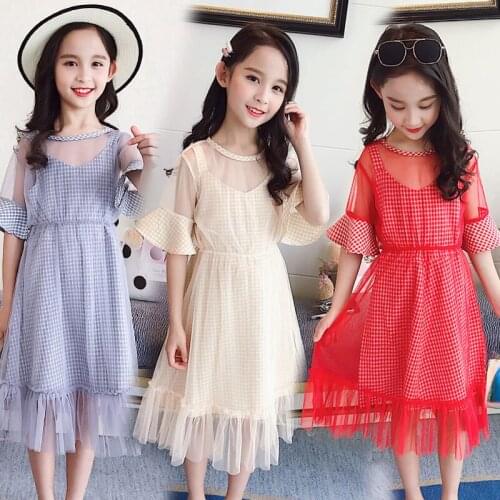 Family Clothes Dress Girls Fashion Fairy Princess Yarn Dresses Summer Children Thin Plaid Dress Transparent Gauze One Piece X437