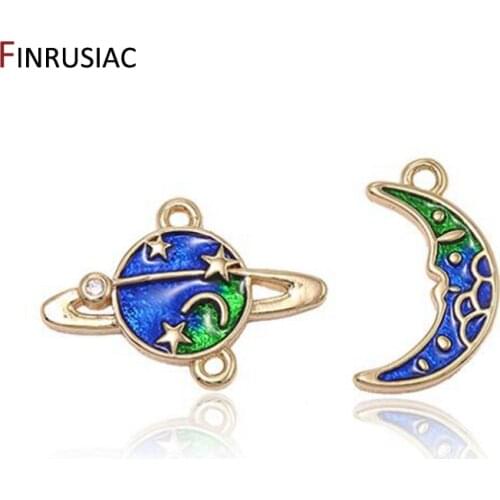 Blue Enamel Planet Connector Charms Moon Pendant DIY Making Earrings Necklaces Jewelry Components Wholesale