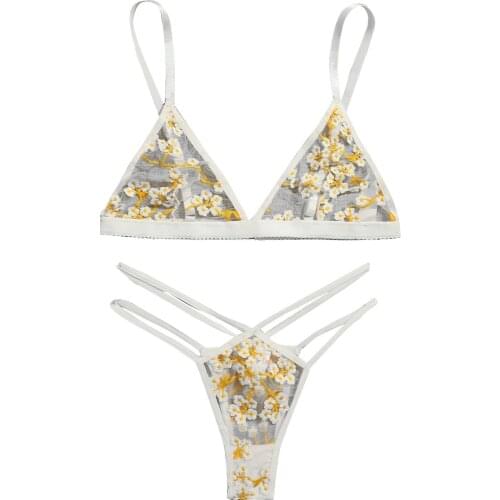 Sexy Lace Embroidered Appliqué Print Deep V Perspective Erotic Underwear Women Breathable Bra Thong 2 Piece Lingerie Set