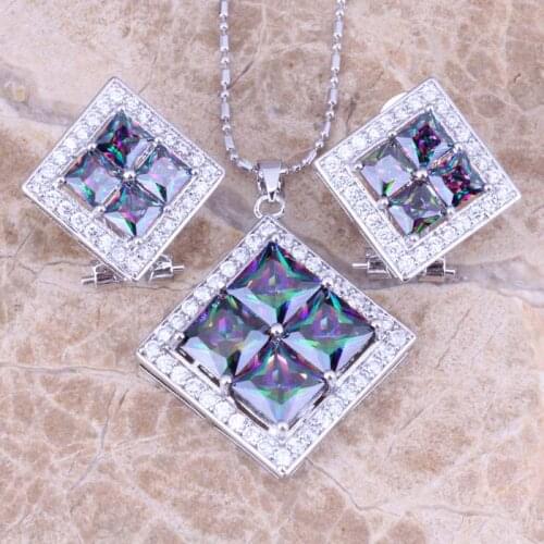 Graceful Rainbow Cubic Zirconia White CZ Silver Plated Earrings Pendant Necklace Jewelry Sets S0807