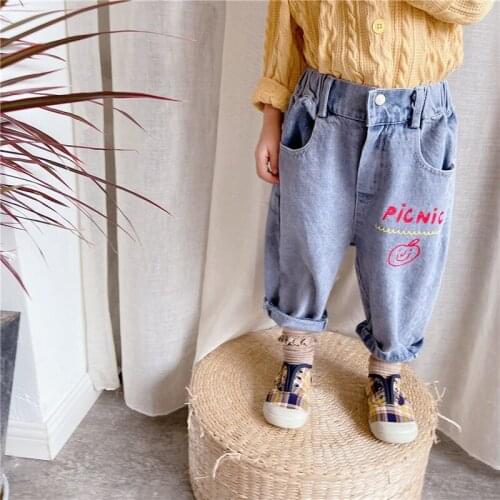 Spring Fashion Letter Casual Denim Pants For Boys Girls Loose All-match Jeans
