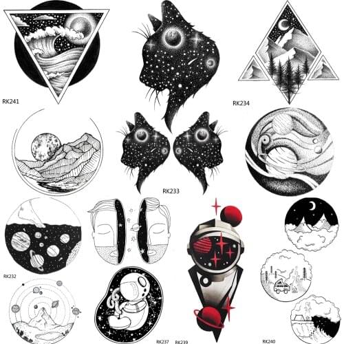 OMMGO Galaxy Cat Planets Universe Temporary Tattoos Sticker Geometric Triangle Mountain Custom Kids Tattoos Art Fake Black Star