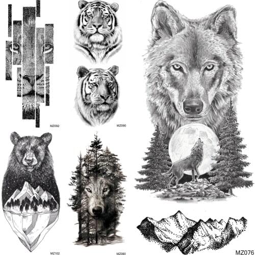 Forest Realistic Mountain Wolf Temporary Tattoos For Men Body Art Women Arm Tattoo Stickers Kids Bear Design Fake Tatoo Sheets