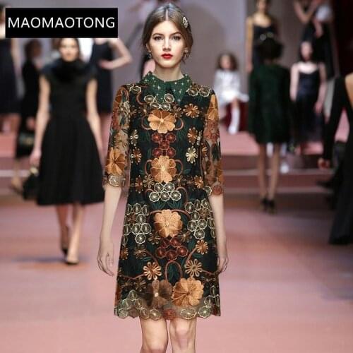 Womens Clothing Fashion Designer Dress Autumn Womens Dress Beading Mesh Floral Embroidery Vintage high quality Dresses