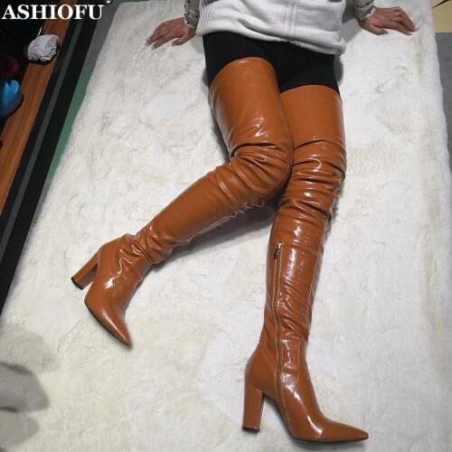ASHIOFU Handmade Womens Chunky Heel Boots Real-pictures Night Striper Club Thigh High Boots Evening Pointy Sexy Fashion Boots