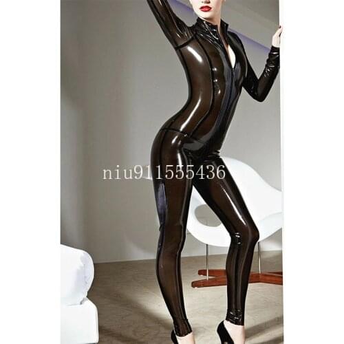 Women Latex Catsuit Transparent Black Rubber Bodysuit with Front Zipper Crotach Zipper Party Wear Halloween Cosplay Costumes