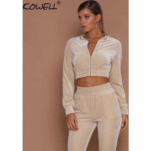 Hot Sale Autumn Two Pieces Bodycon Jumpsuits For Women Overalls Long Sleeve Velvet Zipper Bodysuit Cropped Top Casual Full Pants