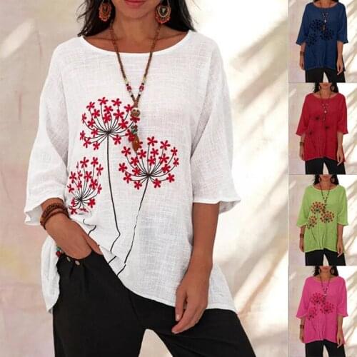 2021 Summer New Hot Sale Ladies Casual Printed Round Neck Mid-Sleeve Female Tops Loose Solid Color Pullover T-Shirt