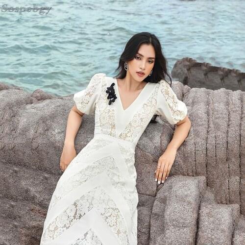 2021 Summer New Elegant Womens Short-sleeved V-neck Irregular Embroidery Flower Stitching Perspective Mid-length Dress