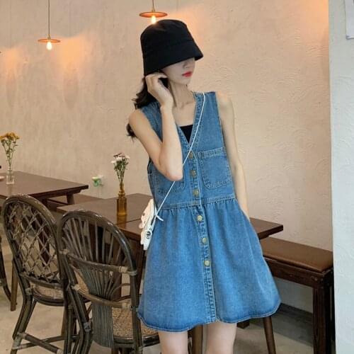 Korean Denim Summer Strap Dress Vintage Vetement Femme 2021 Vestidos De Mujer Sukienki Letnie Damskie Roupas Femininas A177