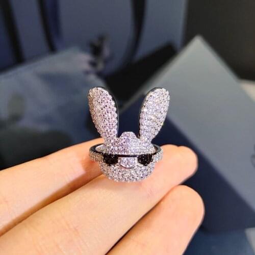 AAA Quality Fashion Mosaic Cubic Zircon Cute Rabbit S925 Silver Ring For Women Bride Luxury Jewelry