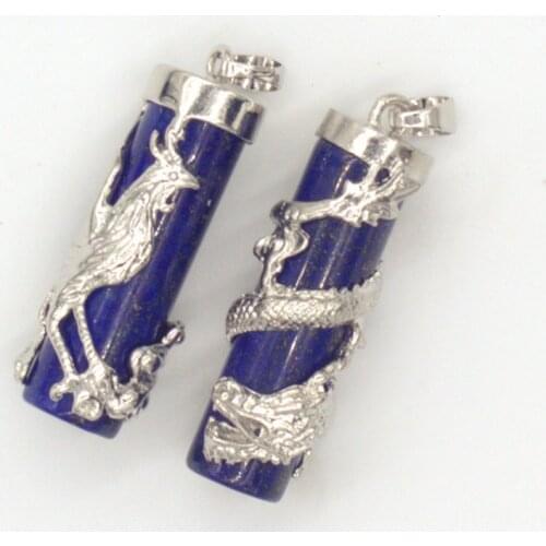 100-Unique Classic Silver Plated Chinese Phoenix and Dragon Cylinder Pendant Lapis Lazuli Jewelry