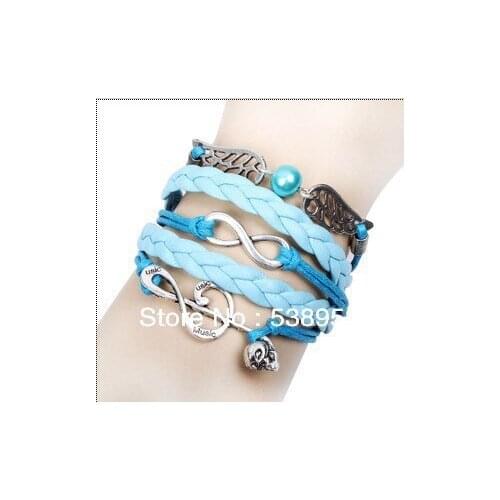 3pcs Antique Silver musical note wing Infinity Braided blue Leather Bracelet Wristbands handchain