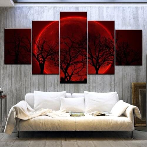 5Panel/piece HD Printed Trees biggest red moon canvas painting wall posters For home living room decoration