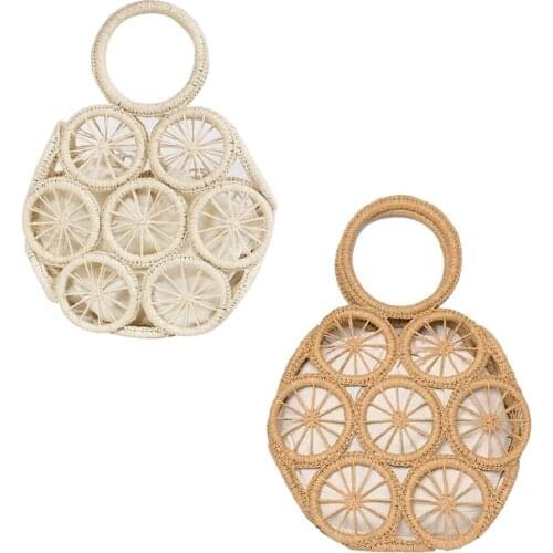 H9ED Natural Straw Bag Handbag Round Tote Top-handle Hollow Handwoven Bags Summer Beach bag Retro Wicker Bags for Women