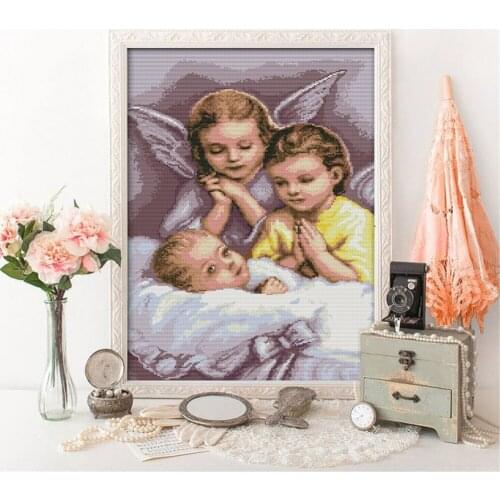 HUACAN Cross Stitch Girl Kits Embroidery Needlework Sets DIY Cross-Stitch Portrait 11CT 14CT Gift White Canvas Home Decoration