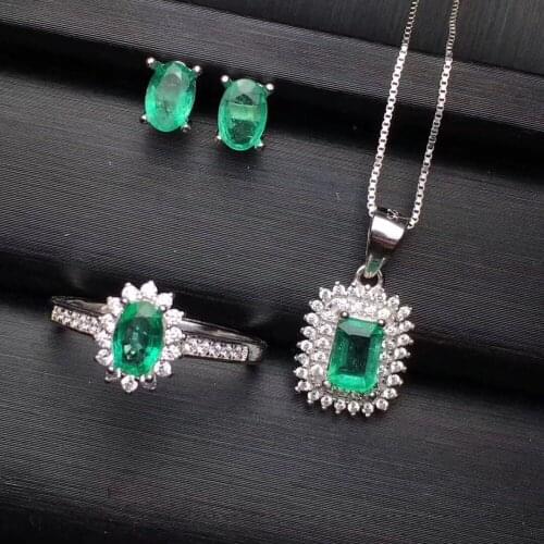 Emerald jewelry set Natural and Real Emerald 925 sterling silver 1pc pendant,1pc ring ,2pcs Earring