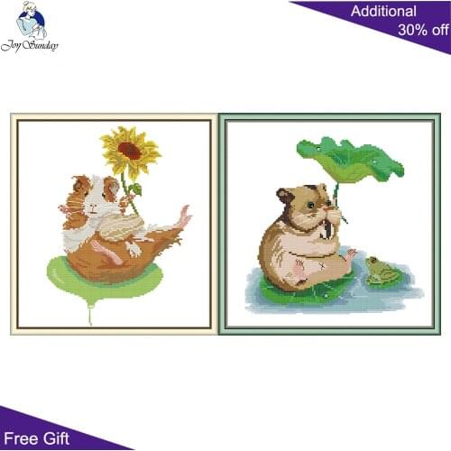 Joy Sunday Guinea Pig And Sunflower Two Good Friends DA550 DA551 Home Decor Bamboo Rat And Frog Animal Cross Stitch kits