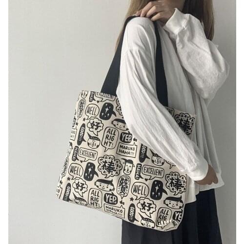 Korean ulzzang Large Size Handbags Canvas Shoulder Bag Womens Tote Shopper Bags Cartoon Cotton Cloth Eco Shopping Bag Travel