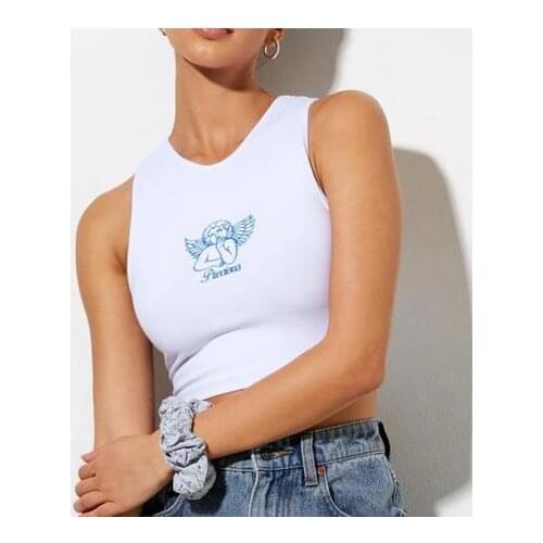 Women Tanks Fashion Sleeveless Angel Embroidery Tops Ladies Female Stylish Casual Clothes Tees Crop Tops for Female Summer New