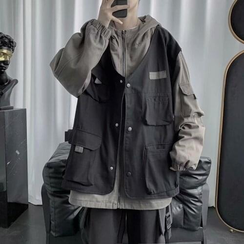 Cargo Men Hip Hop Streetwear Hooded Jacket Fake Two Cotton Coat Korean Autumn Spring Clothing Windbreakers Bomber Jacket Men