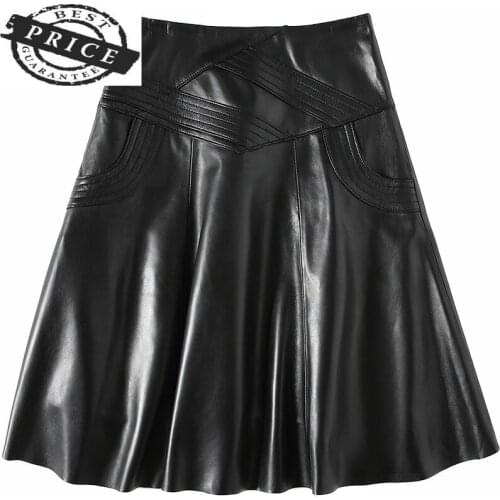 Genuine Spring Autumn Leather Skirts Womens Plus Size Black Real Sheepskin Skirt Elegant Office Ladies Wear 2021 LWL1a2a