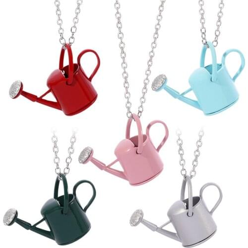 Cute Mini Watering Pot Water the Flowers Metal Necklace Colours Fashion Pendant For Women Funny Jewelry Party Accessories Gift