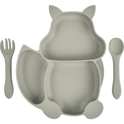 Food Grade Silicone Squirrel Shape Baby Divided Feeding Plate with Spoon Fork Set Training Food Utensil Dinnerware
