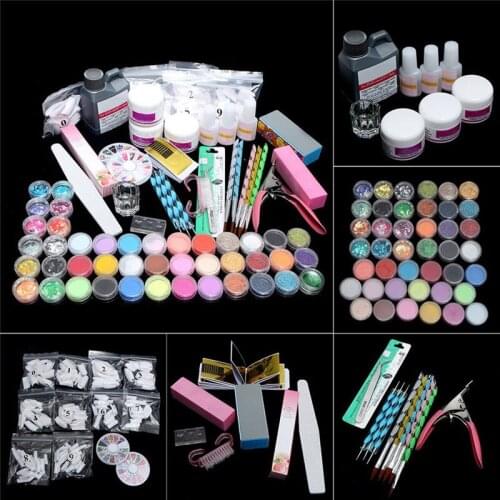 Professional Acrylic Liquid Powder Glitter Clipper Primer File Nail Art Tips Tool Brush Tools Nail Polish Remover Set Kit #F