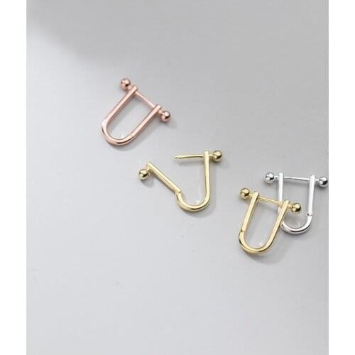 Real 925 Sterling Silver U Shape Geometric Stud Earrings Simple Beads Earring for Women Unisex Hypoallergenic Jewelry