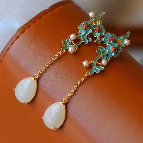 SNew silver retro ethnic landscape Thai blue Chinese palace enamel color plant drop earrings women craft brand jewelry