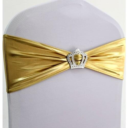 100pcs Shiny Bronzing Elastic Lycra Chair Bow Sash Metallic Gold Spandex Stretch Chair Band With Heart Buckle For Wedding Event
