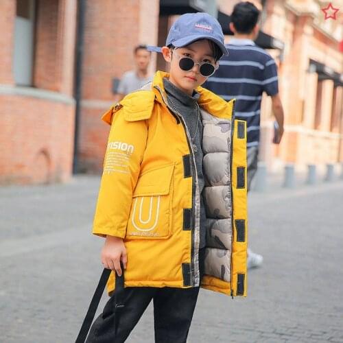Boys' thick cotton padded coat winter boys' cotton padded jacket thickened medium long down cotton coat zipper Hooded Coat