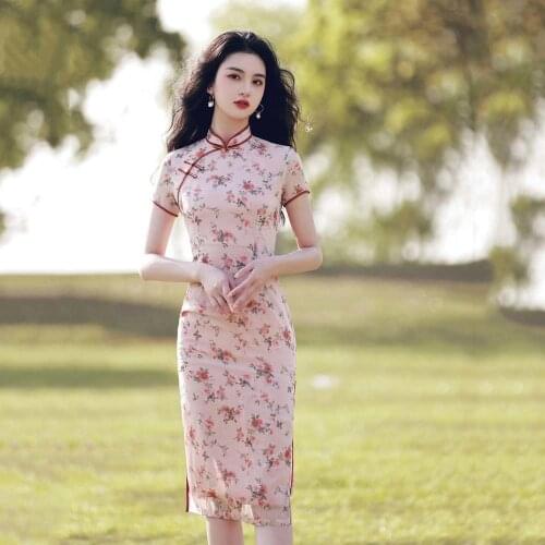 Traditional Chinese Floral Print Cheongsam Women Retro Imporved Sexy Qipao Pink Short Dress Qipao Oriental Party Summer Dress